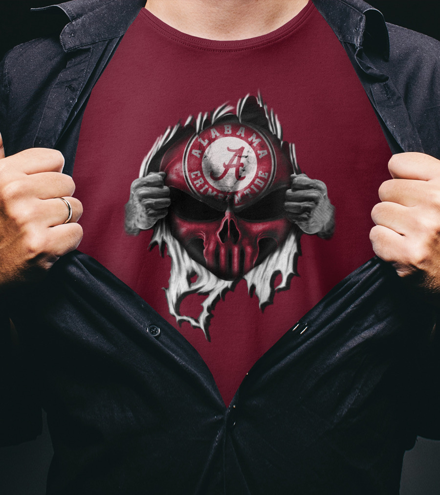 Alabama Crimson Tide Skull Emblem With Red And White Torn Fabric Effect T-Shirt