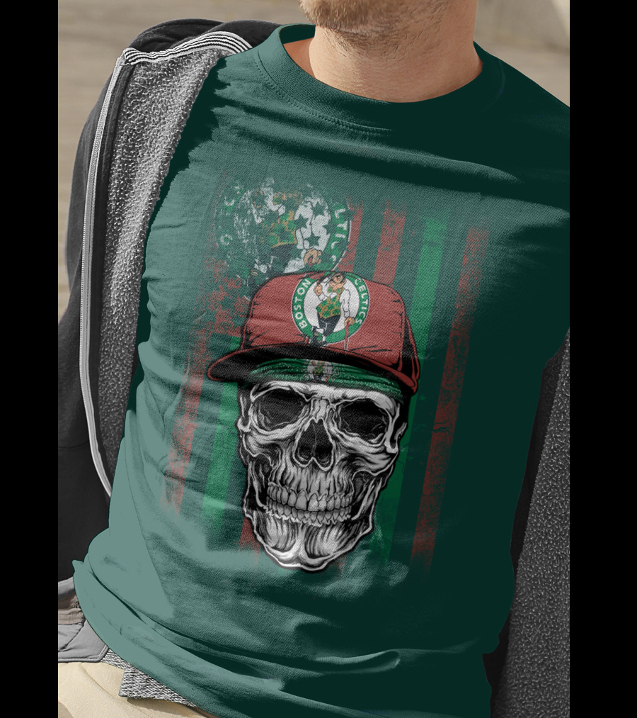 Boston Celtics Skull With Cap And Stripes T-Shirt