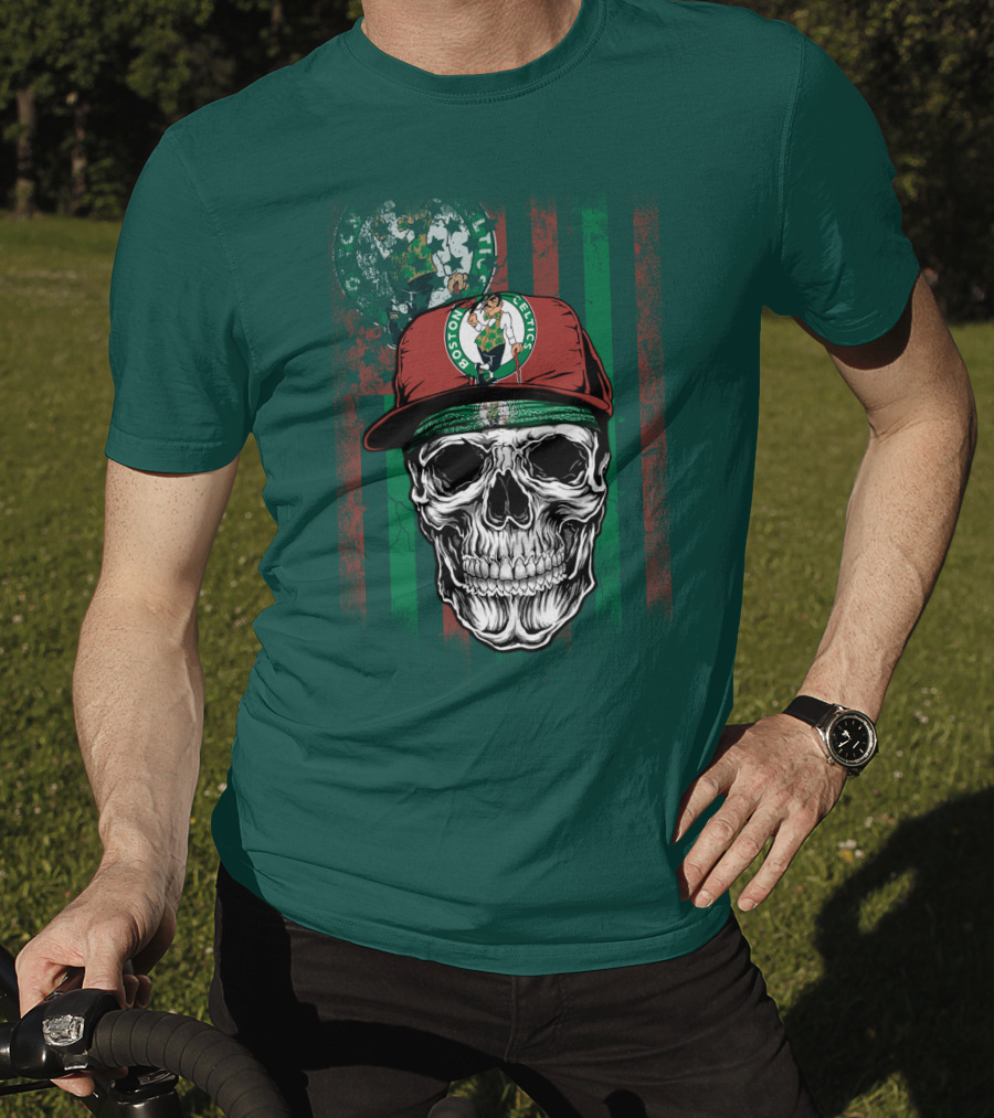 Boston Celtics Skull With Cap And Stripes T-Shirt