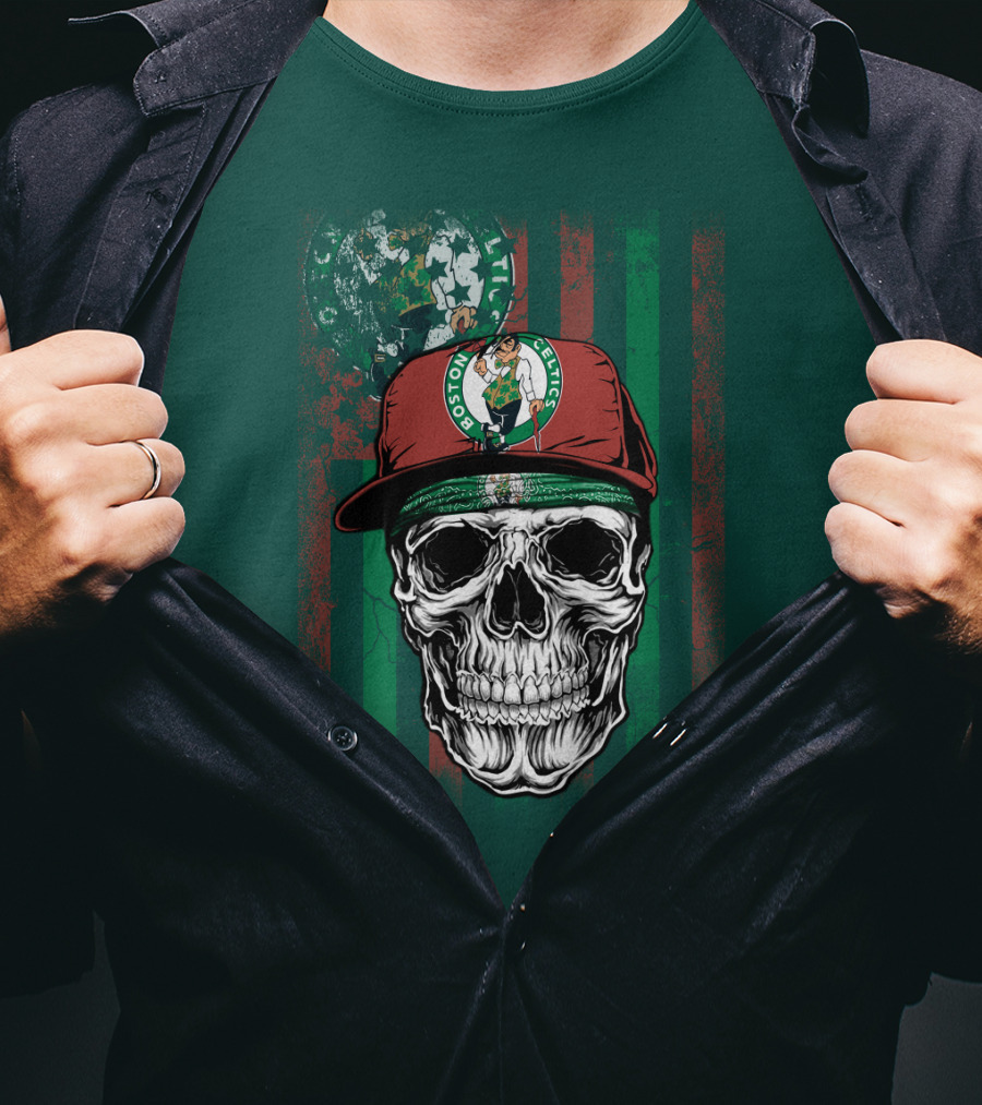 Boston Celtics Skull With Cap And Stripes T-Shirt