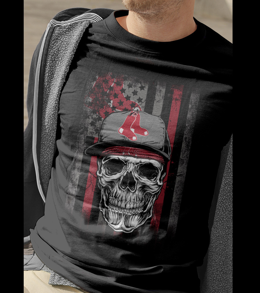 Boston Red Sox Skull With Cap And Stars And Stripes T-Shirt
