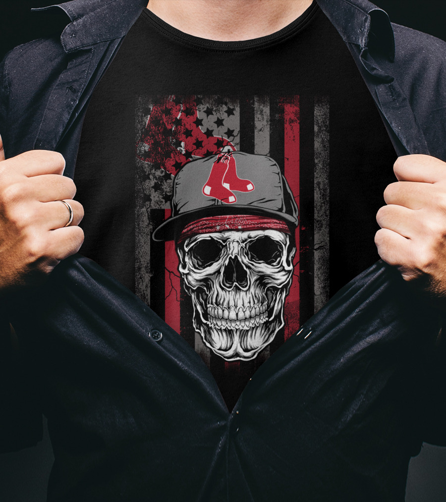 Boston Red Sox Skull With Cap And Stars And Stripes T-Shirt