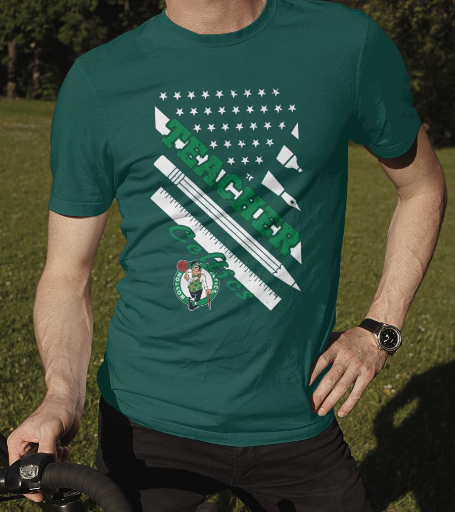 Boston Celtics Teacher Stars And Stripes Pencil Ruler T-Shirt