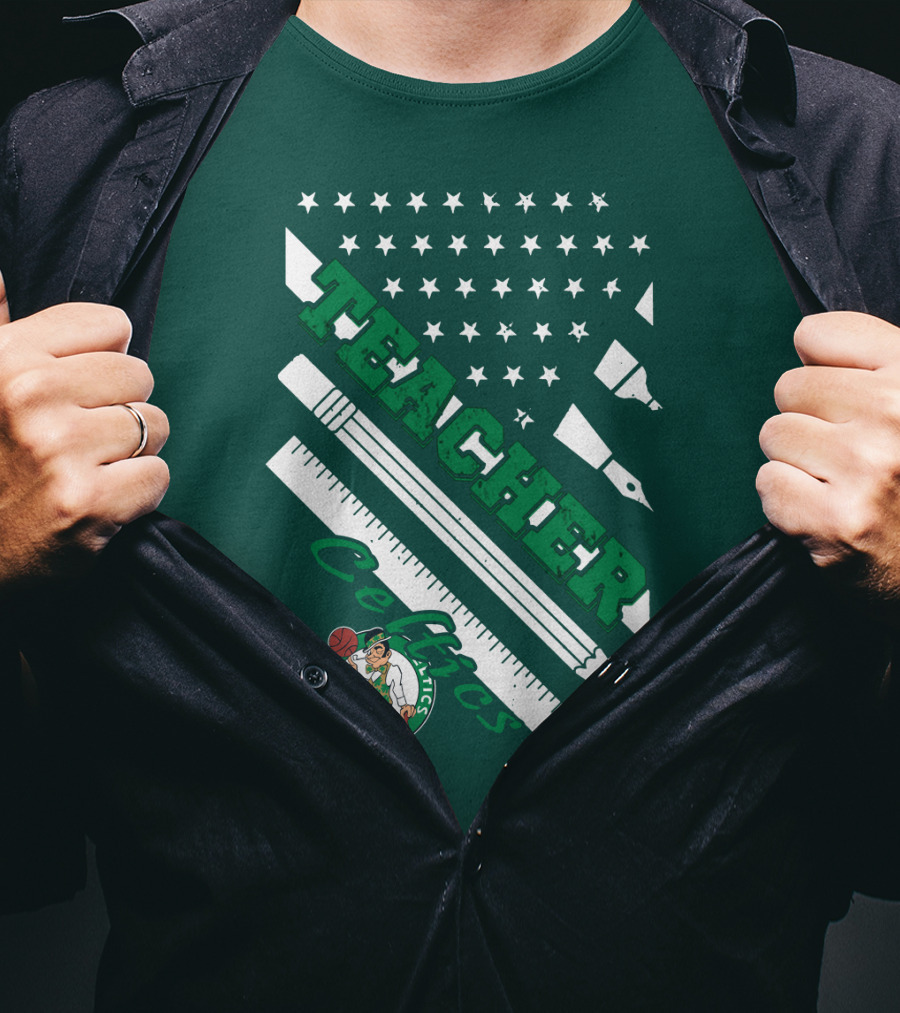Boston Celtics Teacher Stars And Stripes Pencil Ruler T-Shirt
