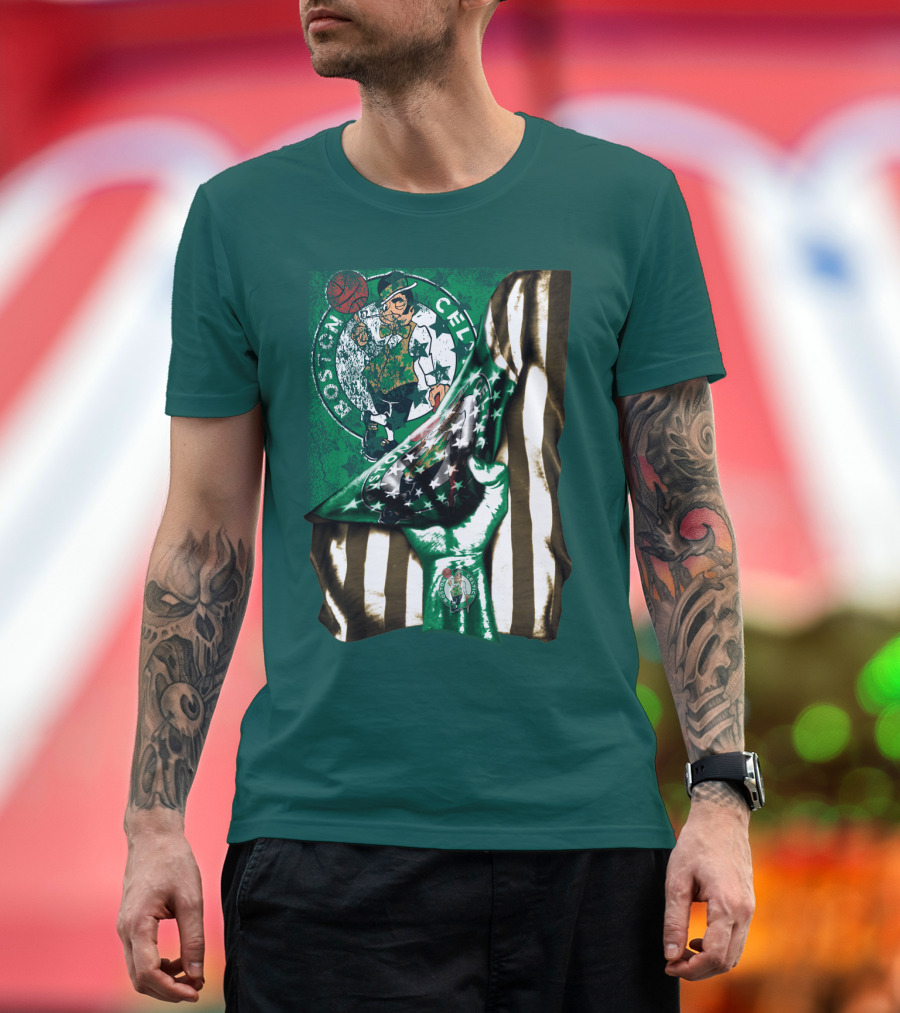Boston Celtics Hand Lifting Flag With Lucky The Leprechaun And Basketball T-Shirt