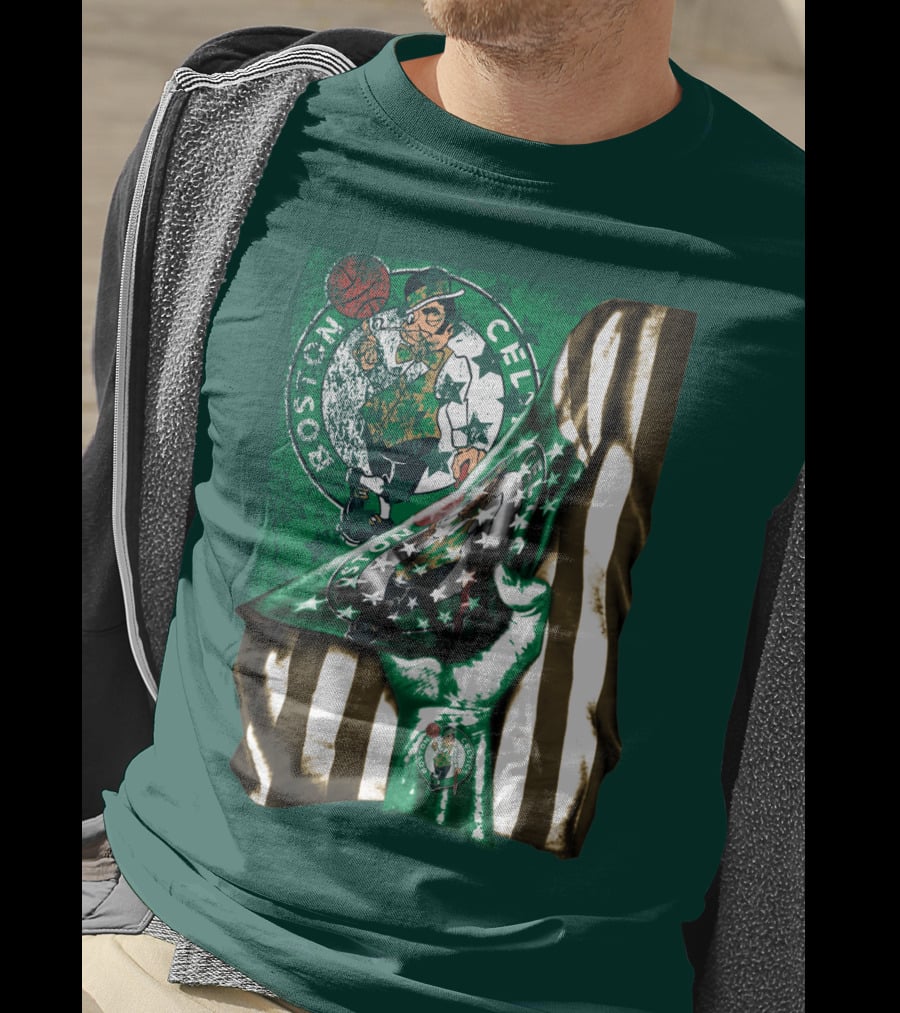 Boston Celtics Hand Lifting Flag With Lucky The Leprechaun And Basketball T-Shirt