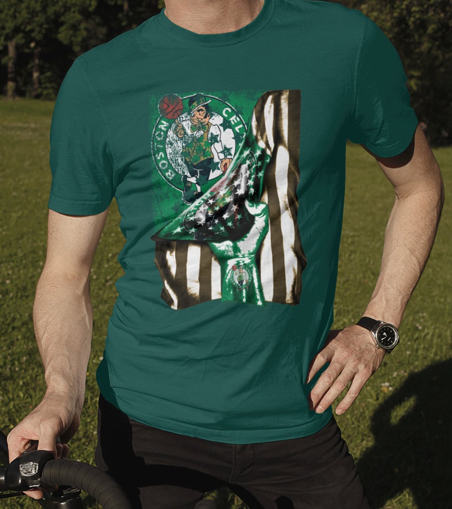 Boston Celtics Hand Lifting Flag With Lucky The Leprechaun And Basketball T-Shirt