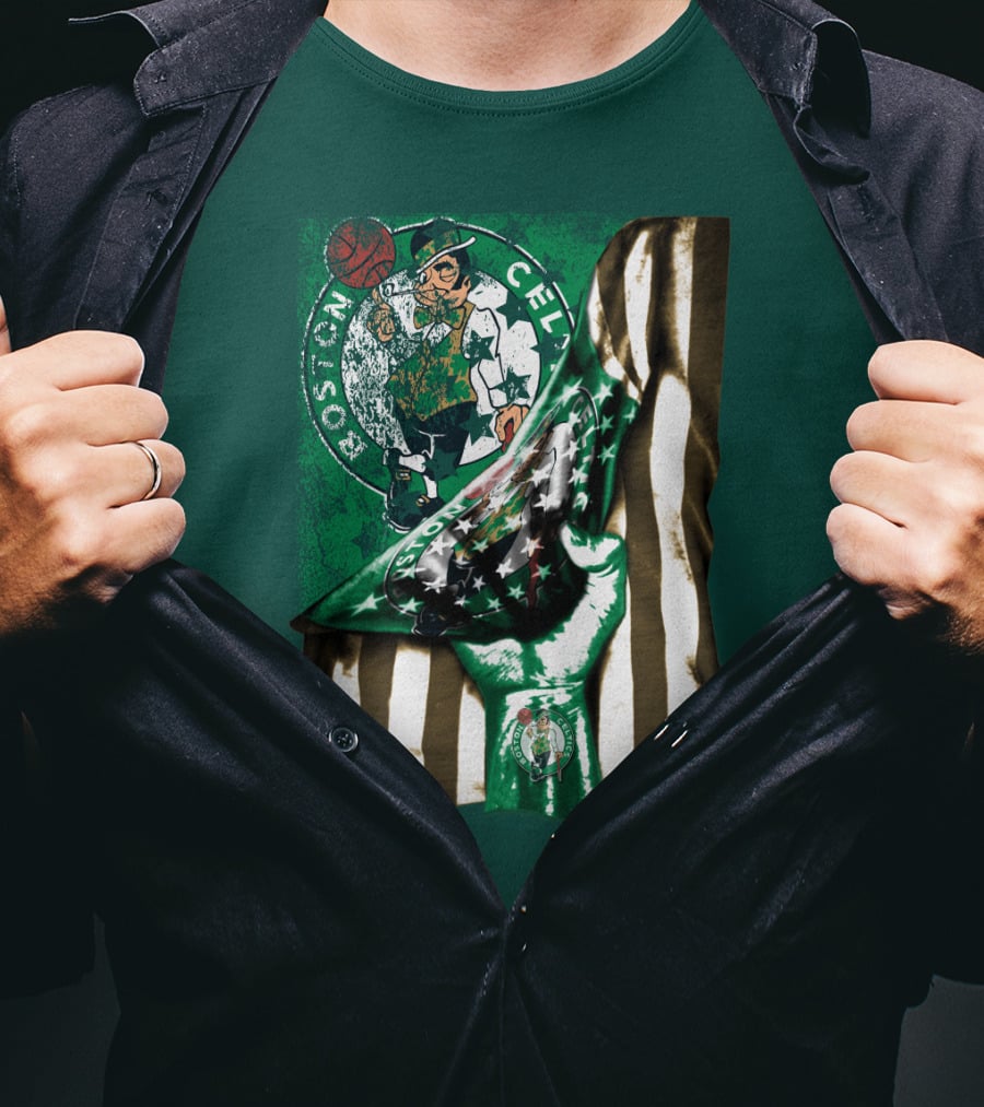 Boston Celtics Hand Lifting Flag With Lucky The Leprechaun And Basketball T-Shirt