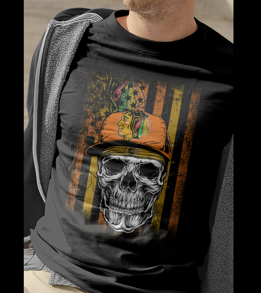 Chicago Blackhawks Skull With Hat And Feathered T-Shirt
