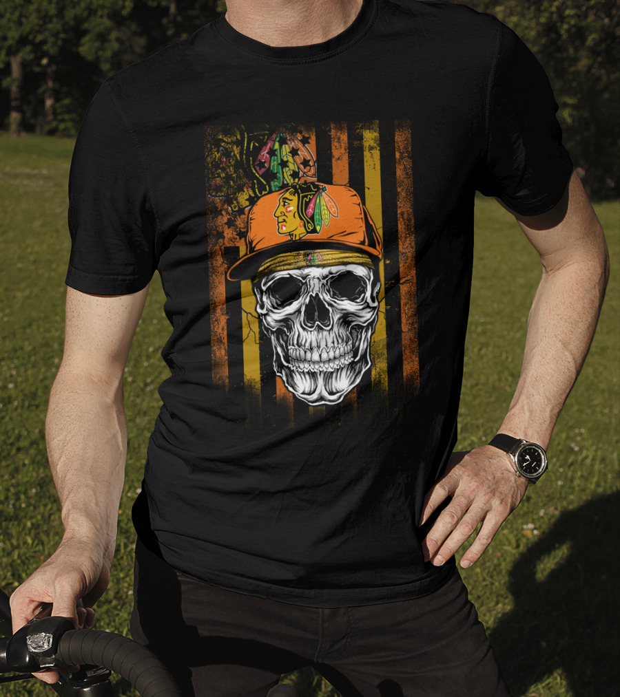 Chicago Blackhawks Skull With Hat And Feathered T-Shirt