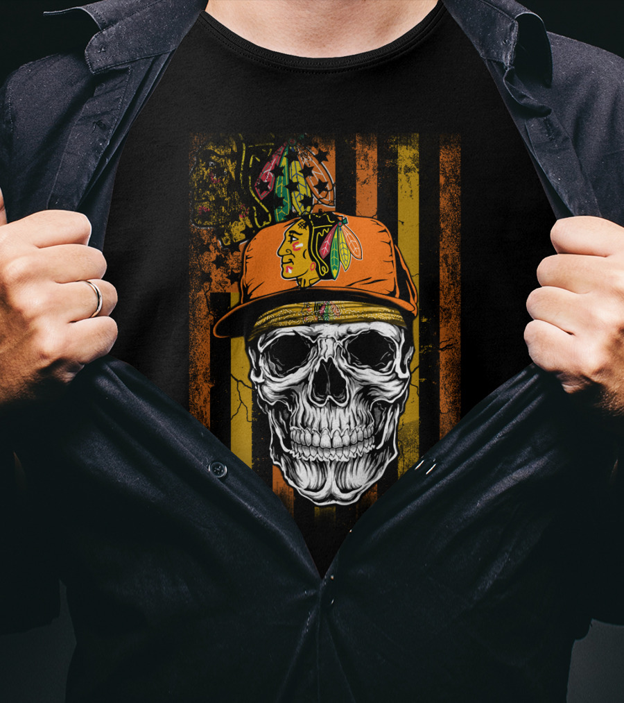 Chicago Blackhawks Skull With Hat And Feathered T-Shirt