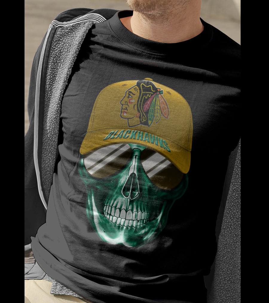 Chicago Blackhawks Skull With Iconic Logo And Cap T-Shirt