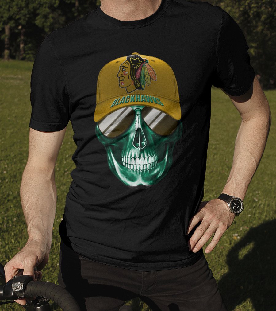 Chicago Blackhawks Skull With Iconic Logo And Cap T-Shirt