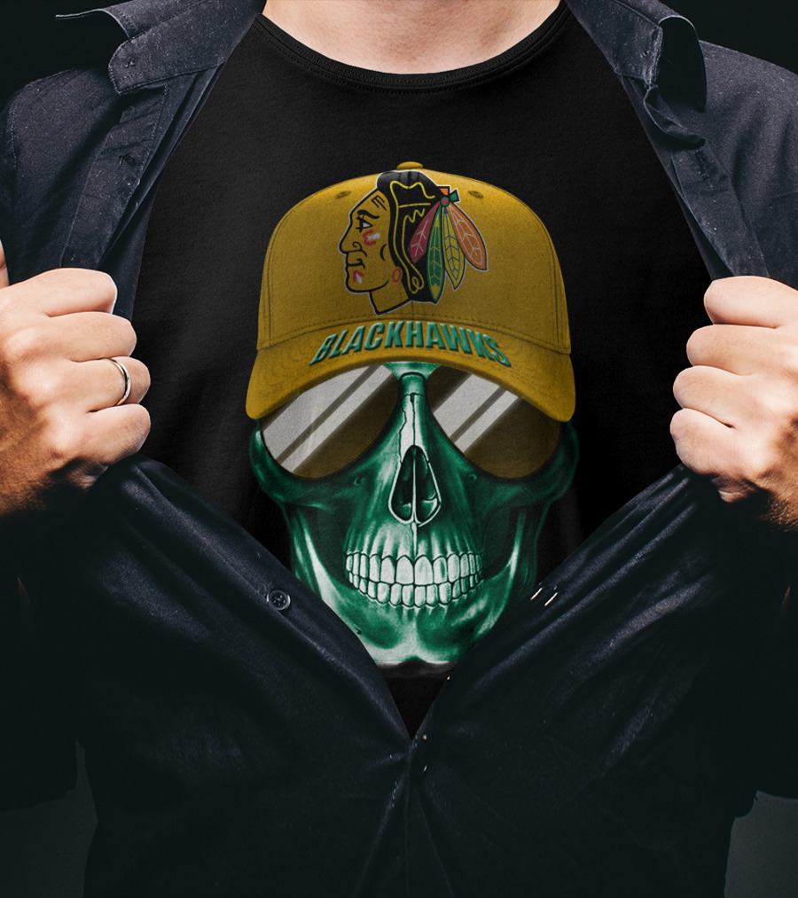 Chicago Blackhawks Skull With Iconic Logo And Cap T-Shirt