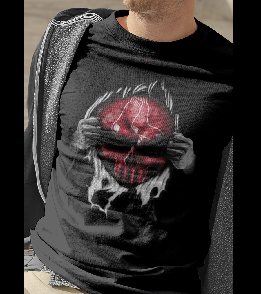 Boston Red Sox Skull Emblem With Hands Tearing T-Shirt