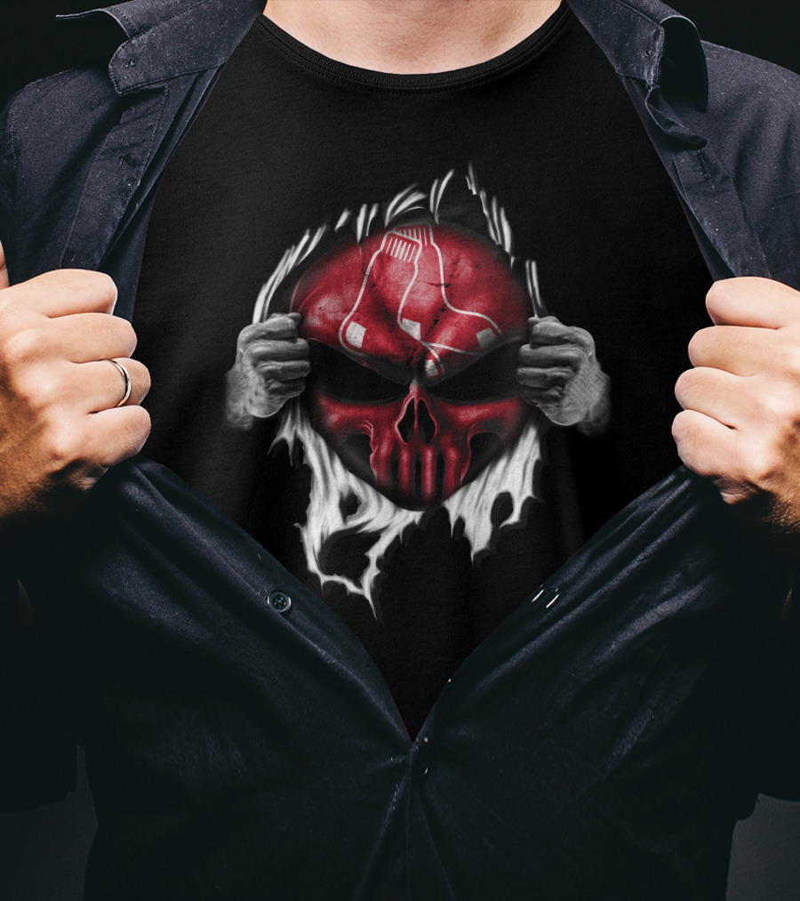 Boston Red Sox Skull Emblem With Hands Tearing T-Shirt