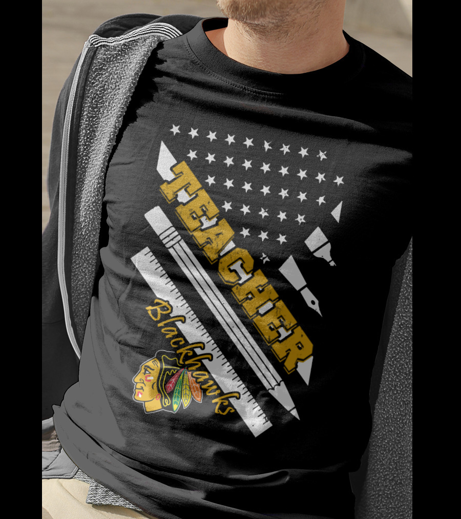 Blackhawks Teacher Usa Flag Pencil Ruler T-Shirt