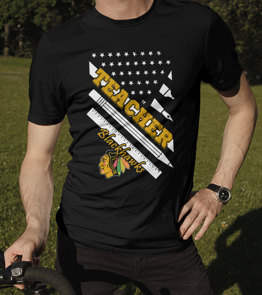 Blackhawks Teacher Usa Flag Pencil Ruler T-Shirt