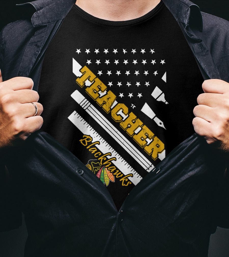 Blackhawks Teacher Usa Flag Pencil Ruler T-Shirt