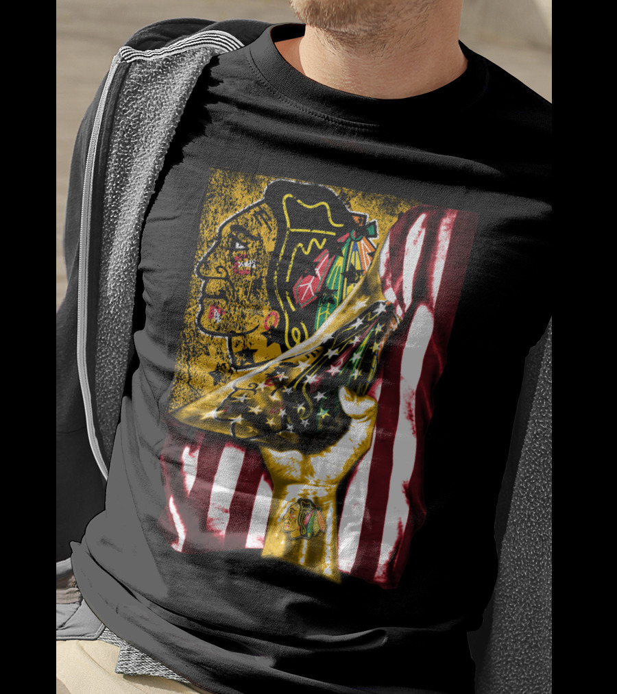 Chicago Blackhawks American Flag Hand Pulling Stars And Stripes With Team T-Shirt