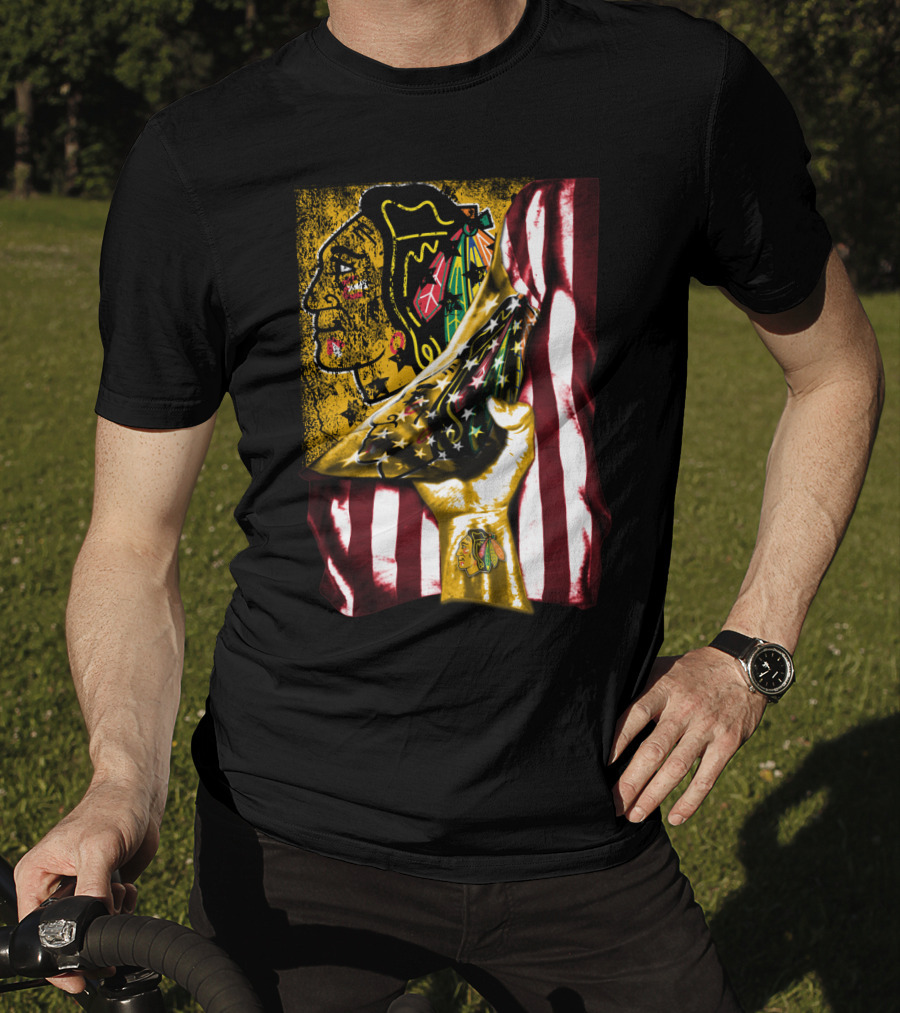 Chicago Blackhawks American Flag Hand Pulling Stars And Stripes With Team T-Shirt