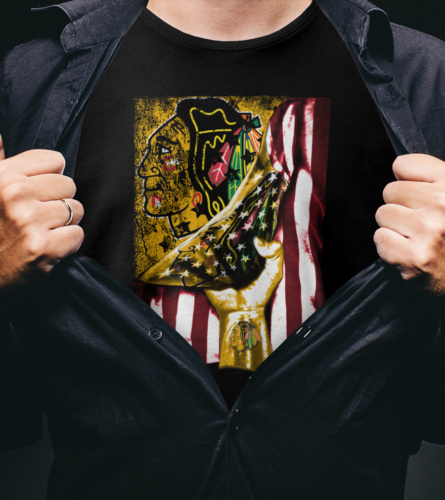 Chicago Blackhawks American Flag Hand Pulling Stars And Stripes With Team T-Shirt