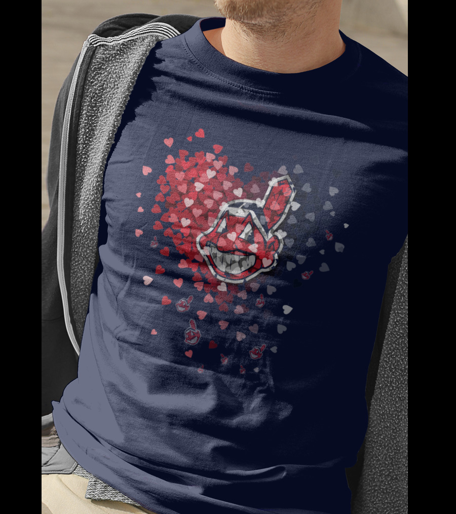 Cleveland Indians Heart Logo With Feathered Chief Wahoo In Blue And Red T-Shirt