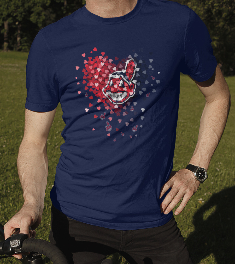 Cleveland Indians Heart Logo With Feathered Chief Wahoo In Blue And Red T-Shirt