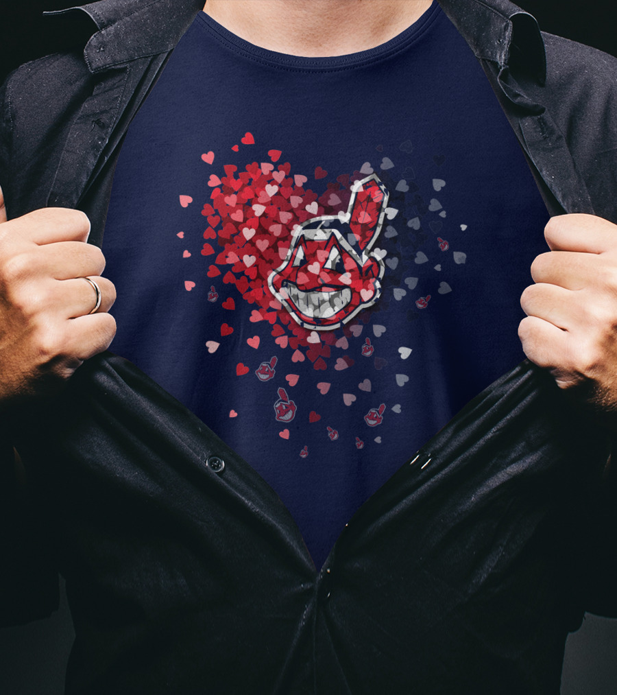 Cleveland Indians Heart Logo With Feathered Chief Wahoo In Blue And Red T-Shirt