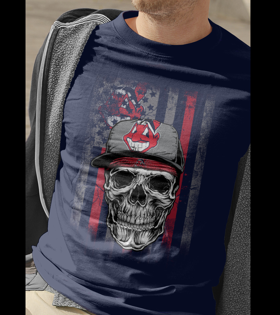 Cleveland Indians Skull Wearing Chief Wahoo Cap With American Flag T-Shirt