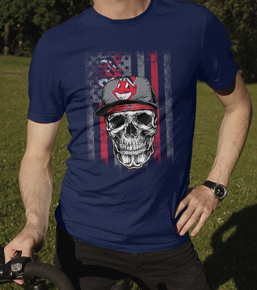 Cleveland Indians Skull Wearing Chief Wahoo Cap With American Flag T-Shirt