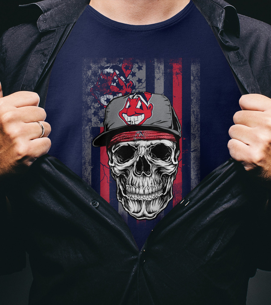 Cleveland Indians Skull Wearing Chief Wahoo Cap With American Flag T-Shirt