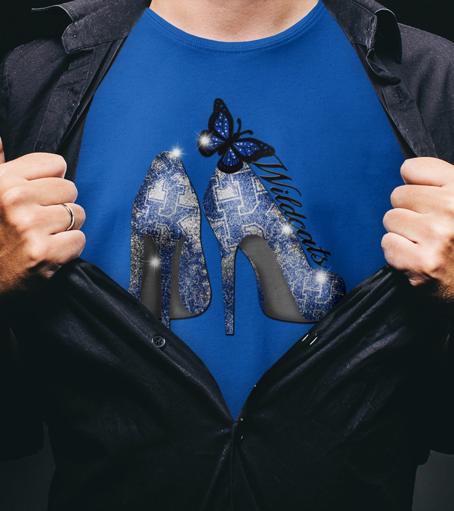 Kentucky Wildcats High Heels And Butterfly In Blue T-Shirt