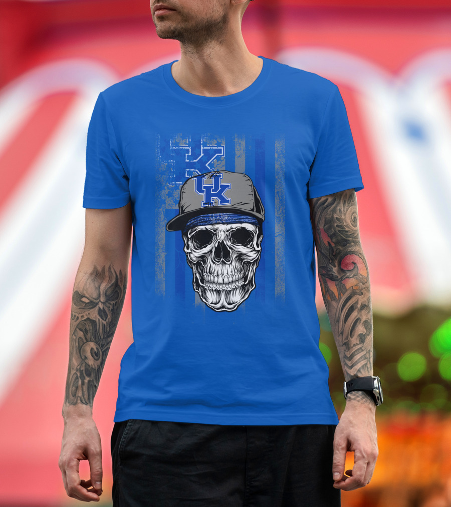 Kentucky Wildcats Skull With Uk Logo Hat On Grunge Blue T-Shirt