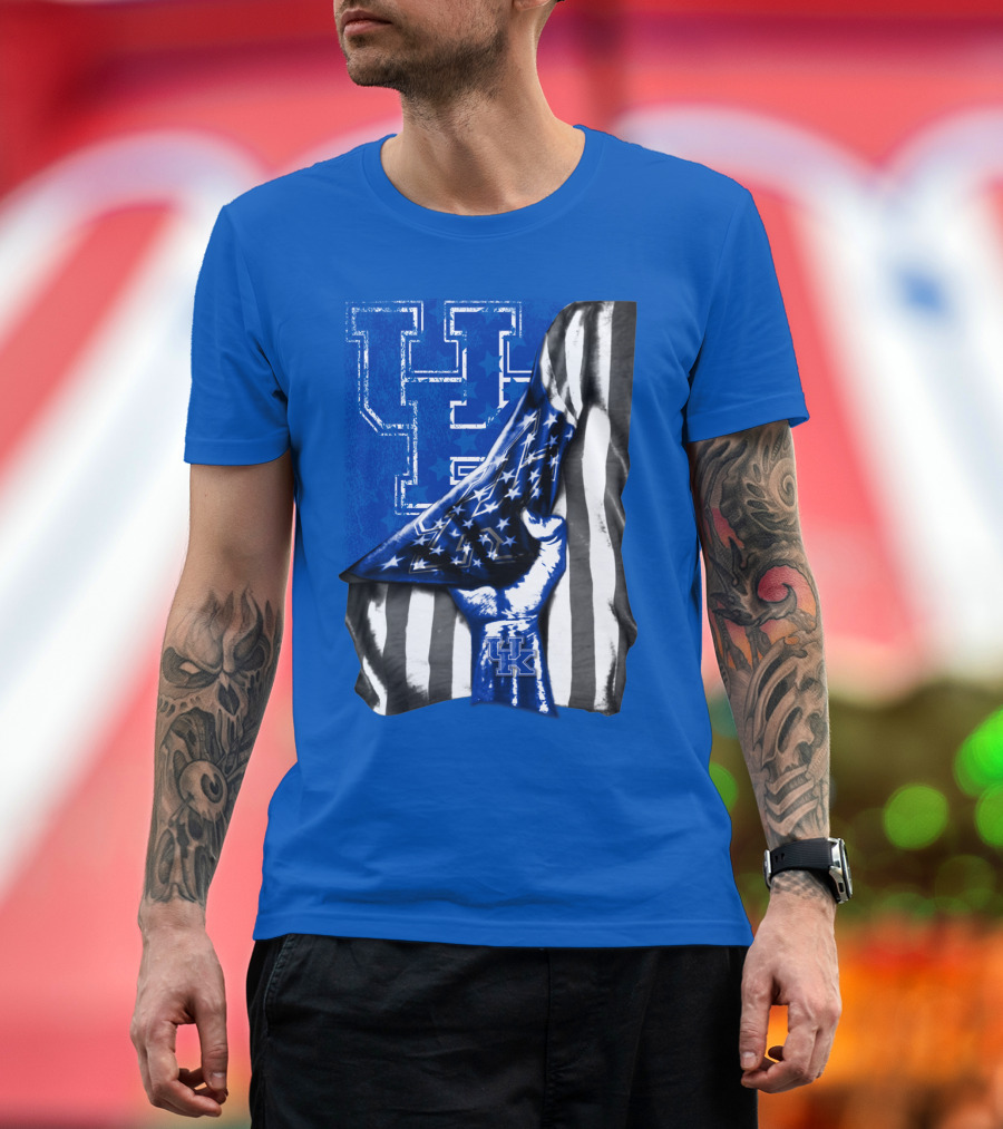 Kentucky Wildcats U.s. Flag Blue And White Logo Fusion T-Shirt