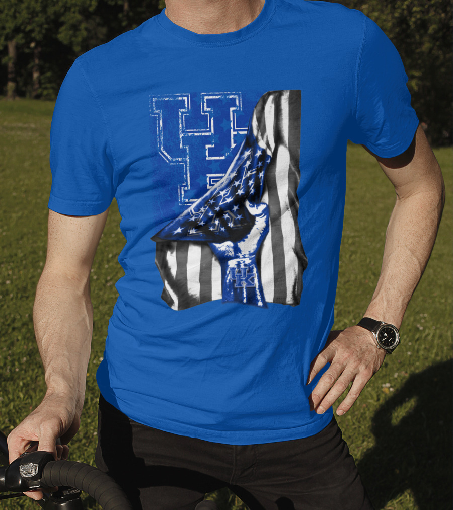 Kentucky Wildcats U.s. Flag Blue And White Logo Fusion T-Shirt