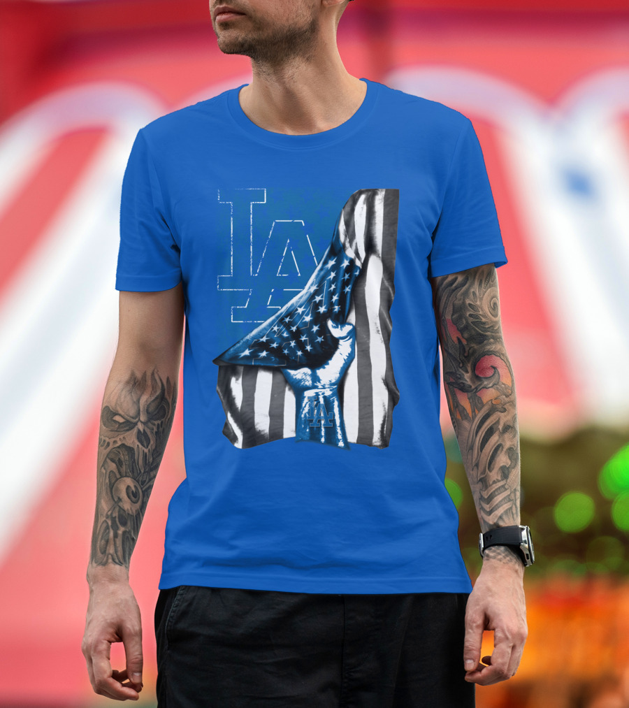 Los Angeles Dodgers La Logo American Flag Fist T-Shirt