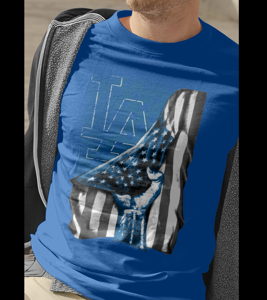Los Angeles Dodgers La Logo American Flag Fist T-Shirt