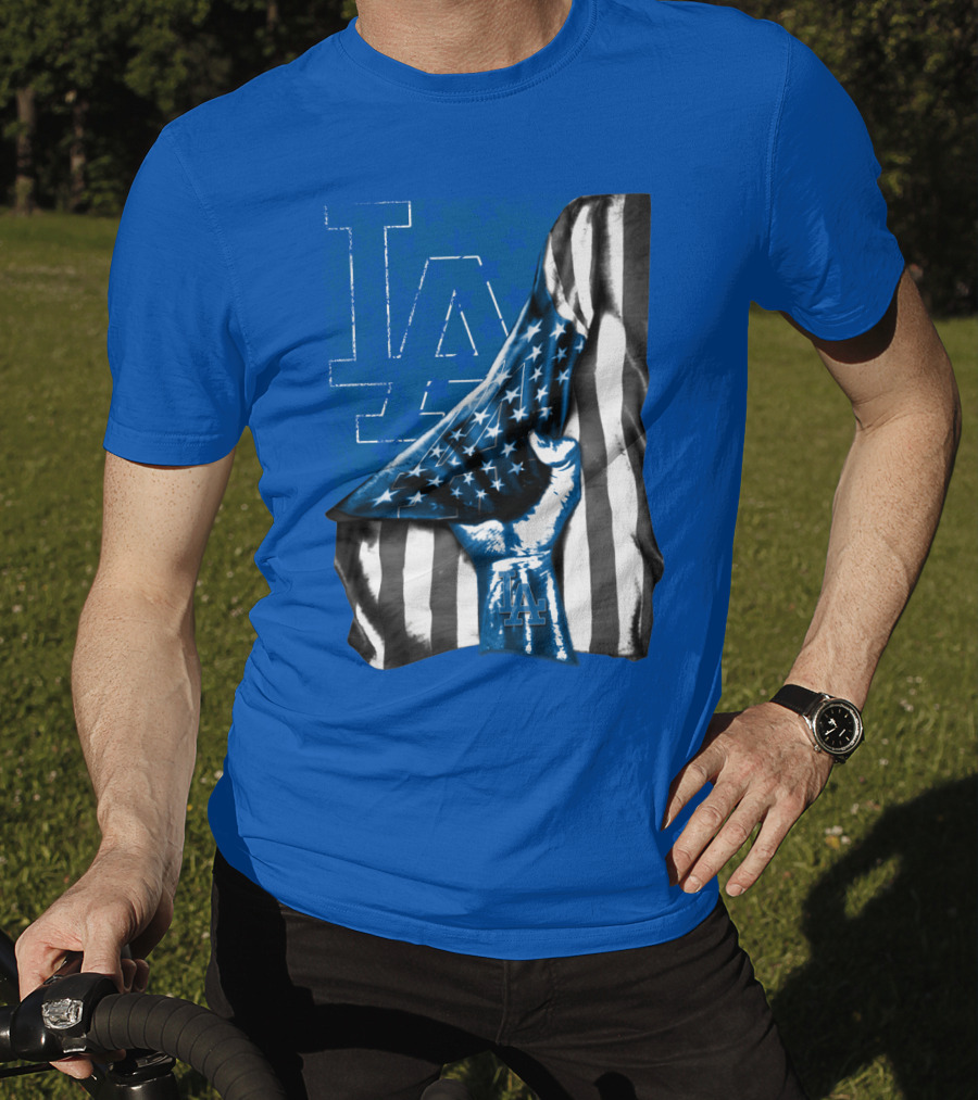 Los Angeles Dodgers La Logo American Flag Fist T-Shirt
