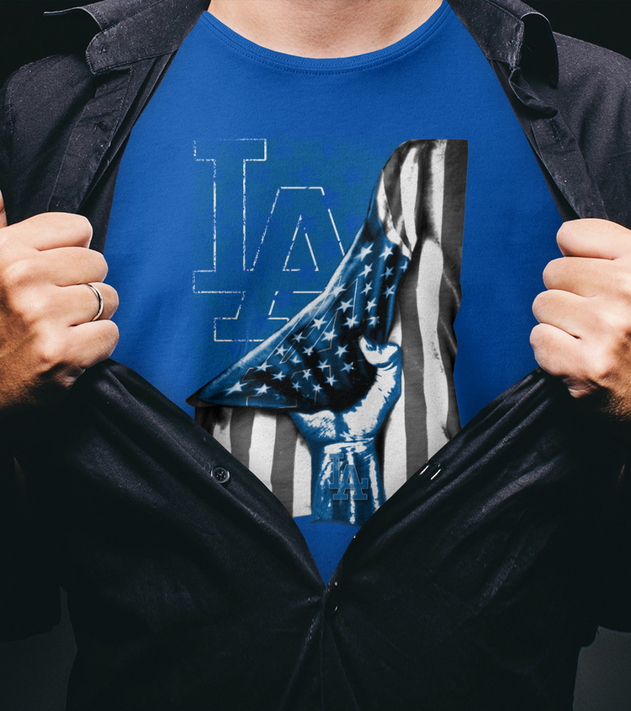 Los Angeles Dodgers La Logo American Flag Fist T-Shirt