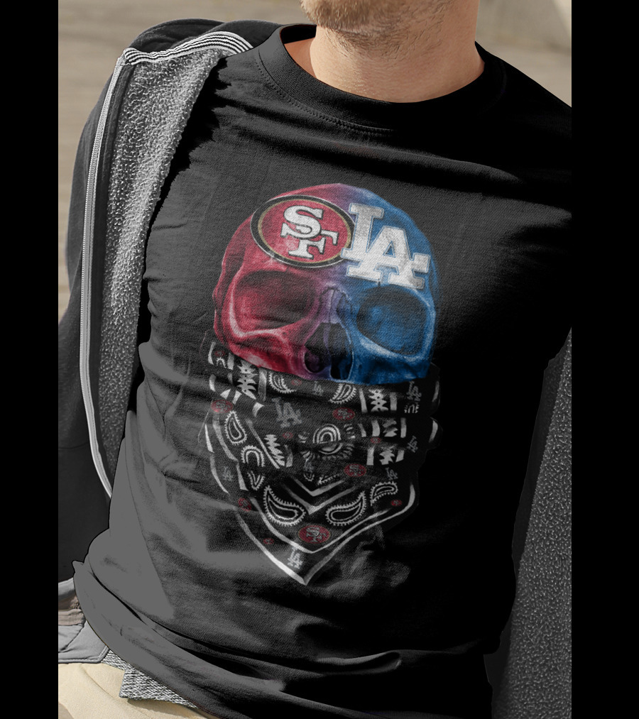 Sf 49ers La Dodgers Split Skull Bandana T-Shirt