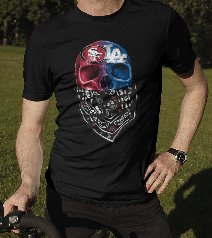 Sf 49ers La Dodgers Split Skull Bandana T-Shirt
