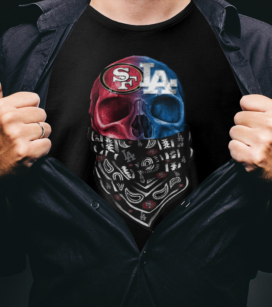 Sf 49ers La Dodgers Split Skull Bandana T-Shirt