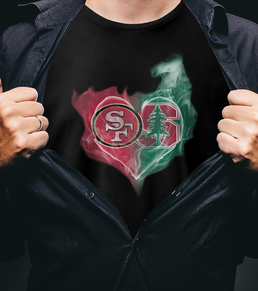San Francisco 49ers And Stanford Cardinal Heart-Shaped Smoke Logos T-Shirt