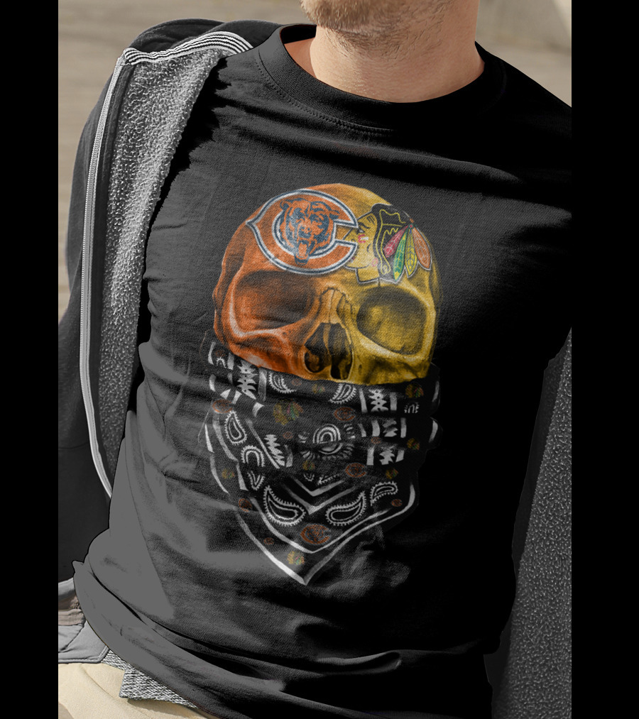 Chicago Bears And Blackhawks Skull Bandana T-Shirt