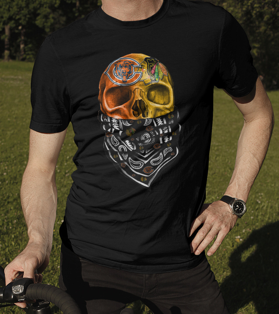 Chicago Bears And Blackhawks Skull Bandana T-Shirt