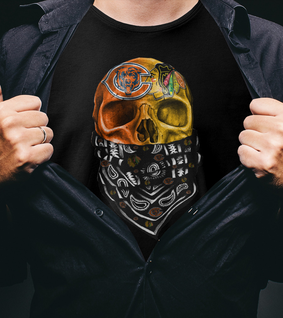 Chicago Bears And Blackhawks Skull Bandana T-Shirt
