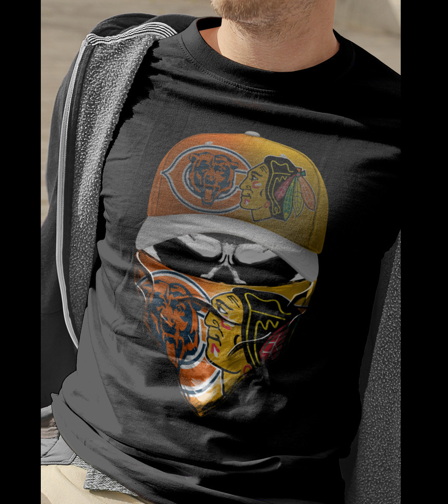 Chicago Bears Blackhawks Cap And Bandana Crossover T-Shirt