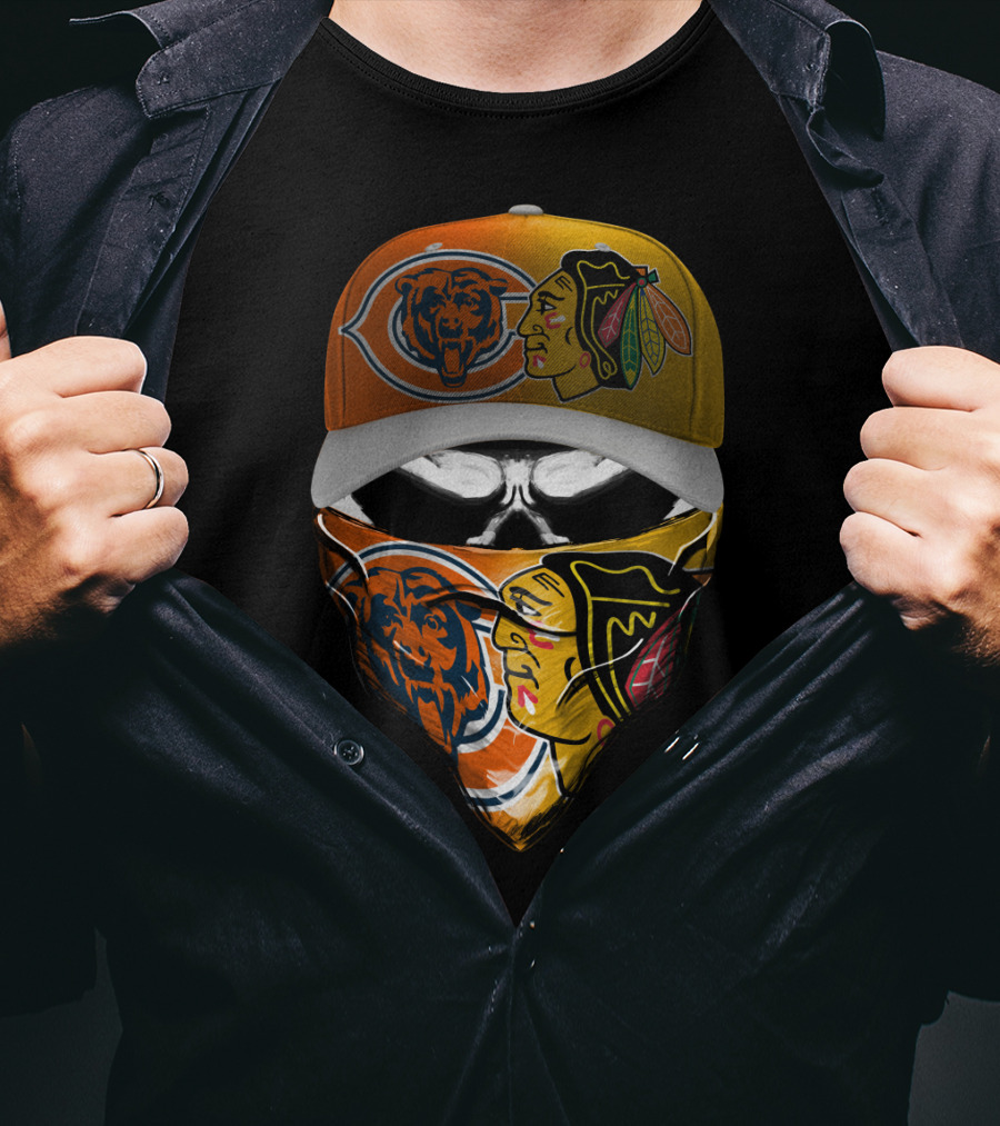 Chicago Bears Blackhawks Cap And Bandana Crossover T-Shirt