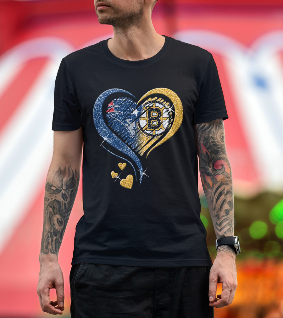 New England Patriots Boston Bruins Heart Design T-Shirt